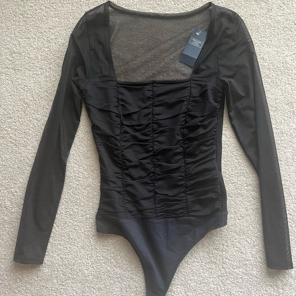 Abercrombie Black Long Sleeve Ruched Mesh Bodysuit